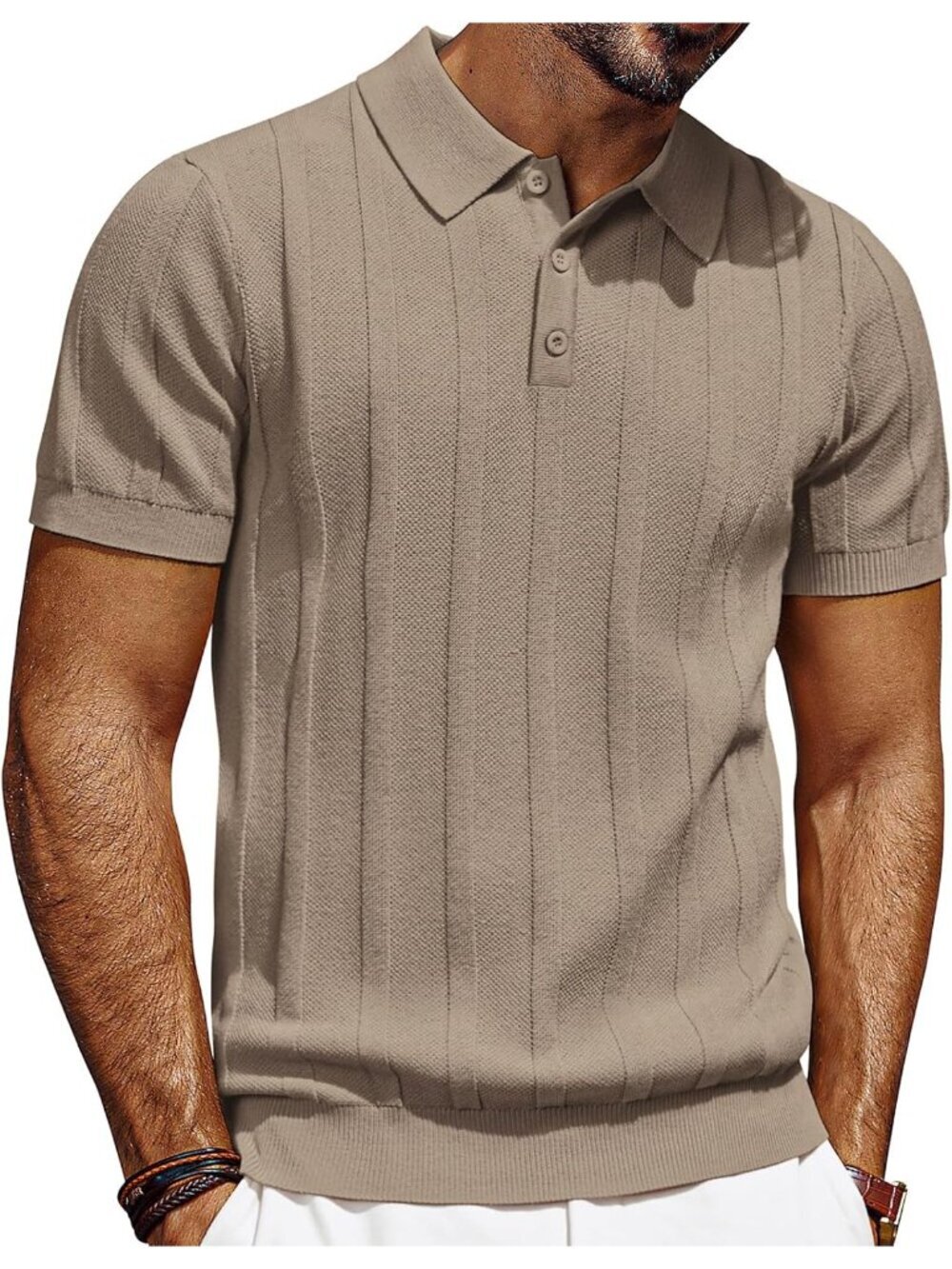 Men's Camel Polo Short Sleeve Textured Knit Polo Ribbed Casual Golf Shirts